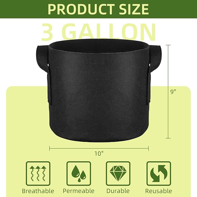 48 Pack 3 Gallon Vegetable/Flower/Plant Grow Bags, Heavy Duty Thickened Nonwoven Plant Fabric Pots Aeration Fabric Planters with Handles