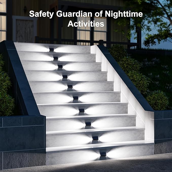 6 Pack Solar Powered Step Lights Outdoor Waterproof LED for Outside Deck Stair Safety Decorative Lamp for Porch, Yard, Patio, Wall, Fence, Walkway, Dual Sided Lighting for Enhanced Security Cool White