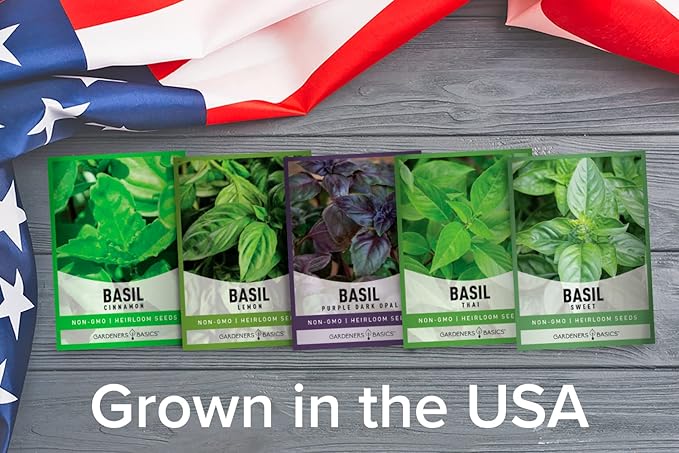 Gardeners Basics, Basil Seeds for Planting Home Garden Herbs - 5 Variety Herb Pack Thai, Lemon, Cinnamon, Sweet and Dark Opal Basil Seeds Herb Seeds for Indoors, Outdoors, Hydroponics & Aquaponic