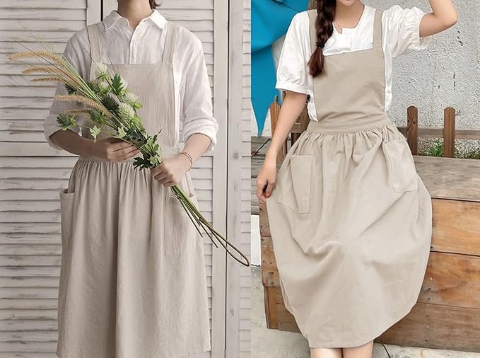 Cute Retro Cotton Linen X-Back Aprons Home Kitchen Garden Art Painting Pinafore Florist Shop Overalls