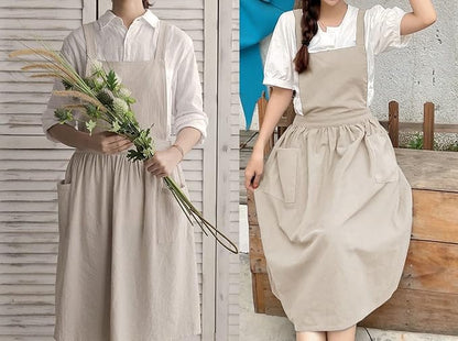 Cute Retro Cotton Linen X-Back Aprons Home Kitchen Garden Art Painting Pinafore Florist Shop Overalls