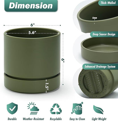 Phoenix Vine 6 Inch Planter Pot with Drainage Hole & Saucer, Deep Water Catch Tray, Straight Cylindrical Round Pot for Plants, Olive, Pack of 2, 23-F-S-2