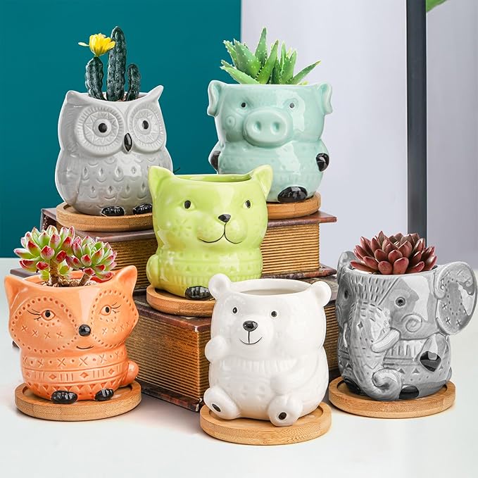 Frcctre 6 Pack Small Ceramic Succulent Planter With Drainage and Bamboo Tray, Cute Animal Flower Pots for Indoor Plants, Cactus, Garden, Home Decor