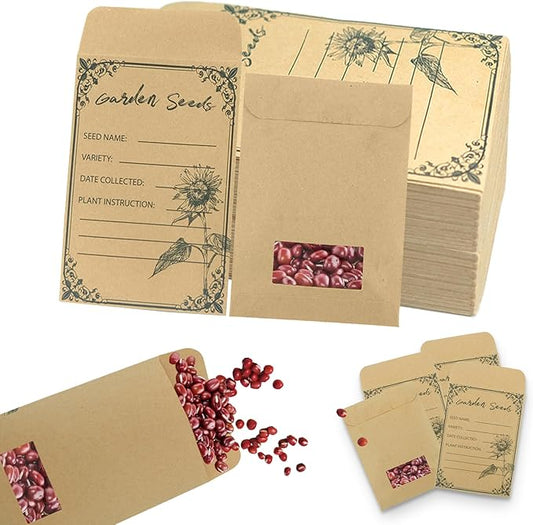 100 Pieces Seed Envelopes - Seed Packets Self Adhesive Sealing Small Seed Saving Envelopes With Clear Window for Storage 4.72 * 3.15 Inch for Collection Vegetable Plants Garden Seeds