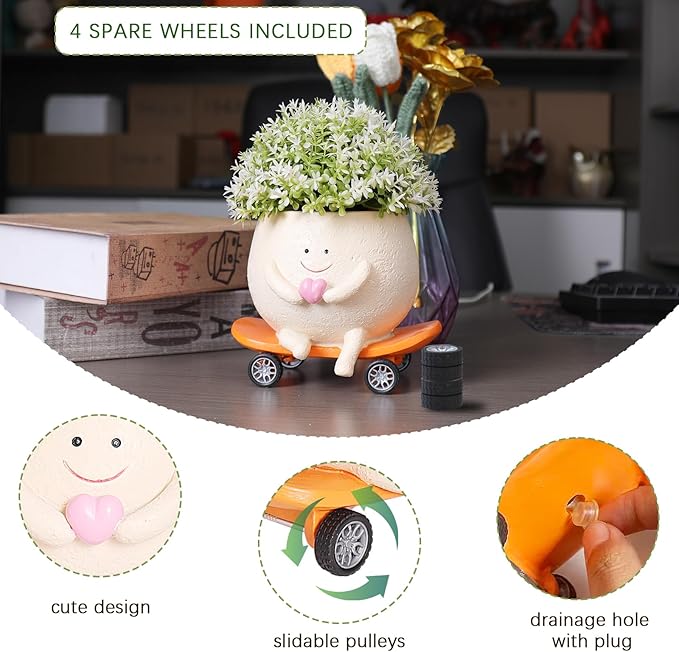 Funny Smily Face Planter Pot with Drainage Hole for Indoor and Outdoor Unique Resin Rolling Skate-Shaped Succulent Flower Pots Novelty Gift for Valentine's Day, Home Decors
