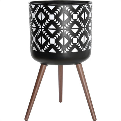 D'vine Dev 16 Inch Planter Pot with Stand, Mid-Century Tall Plant Pot with Legs for Indoor Plants, White/Black, 88-G-E-4