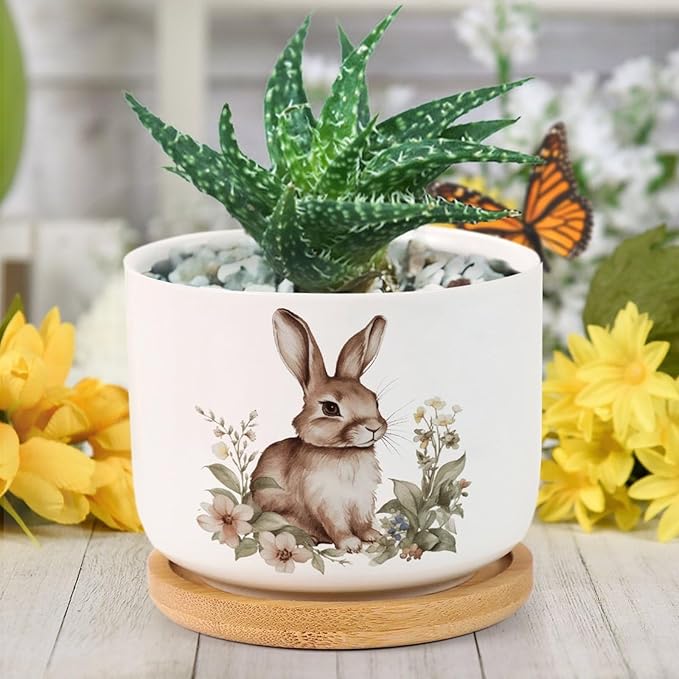 DreamAutumn Watercolor Easter Bunny Ceramic Pots for Plants with Drainage Holes Round Flower Pot Bamboo Tray Orchid Pot Succulents Pots for Outdoor Indoor Plants