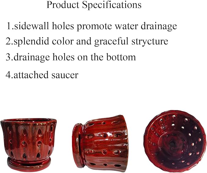 Ceramic Orchid Pot with Attached Saucer and Drainage Hole 6'' Orchid Planter (Red)