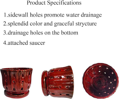 Ceramic Orchid Pot with Attached Saucer and Drainage Hole 6'' Orchid Planter (Red)