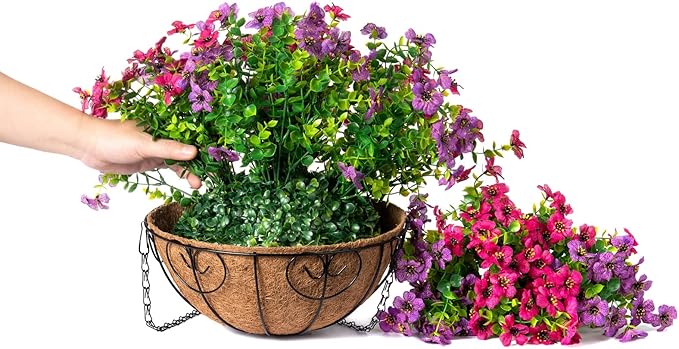 HyeFlora Artificial Faux Hanging Plants Flowers Basket for Spring Summer Outdoor Outside Decoration, Fake Silk Colorful Daisy Eucalyptus in Planter UV Resistant Realistic for Porch Patio Balcony Yard