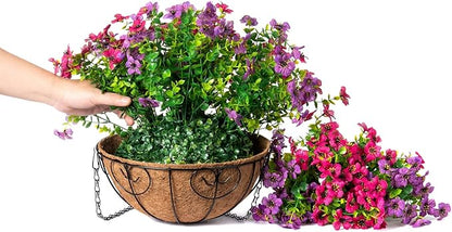 HyeFlora Artificial Faux Hanging Plants Flowers Basket for Spring Summer Outdoor Outside Decoration, Fake Silk Colorful Daisy Eucalyptus in Planter UV Resistant Realistic for Porch Patio Balcony Yard