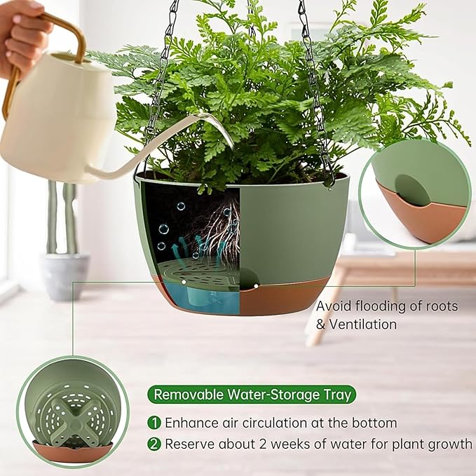 Hanging Planters for Indoor Plants, Set of 2 8/10 Inch Self-Watering Hanging Pots with Drainage Hole & Removable Water-Storage Tray II Screw-in Hooks II