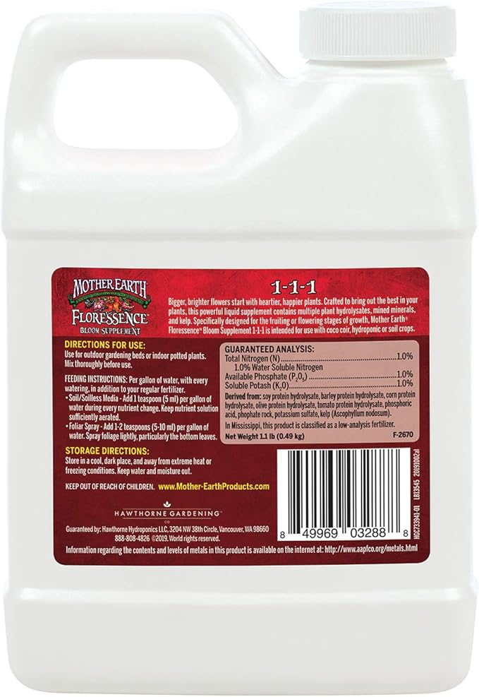 Mother Earth Floressence Bloom Supplement 1-1-1 Liquid Plant Supplement For Flowering And Fruiting Plants, Pint