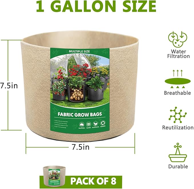 Bestio Plant Grow Bags,1 Gallon 8 Packs Grow Bags,300G Non-Woven Fabric for Vegetables Fruits Flowers Backyard Outdoor Uses
