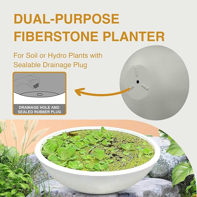 7.7" H x 22" D Round Bowl Fiberstone Planter for Succulent and Lotus with Drainage Hole, Smooth Finishes, Weather Resistant, Included 2 Extra Coco Mats (White, 19.9" Pot Opening)