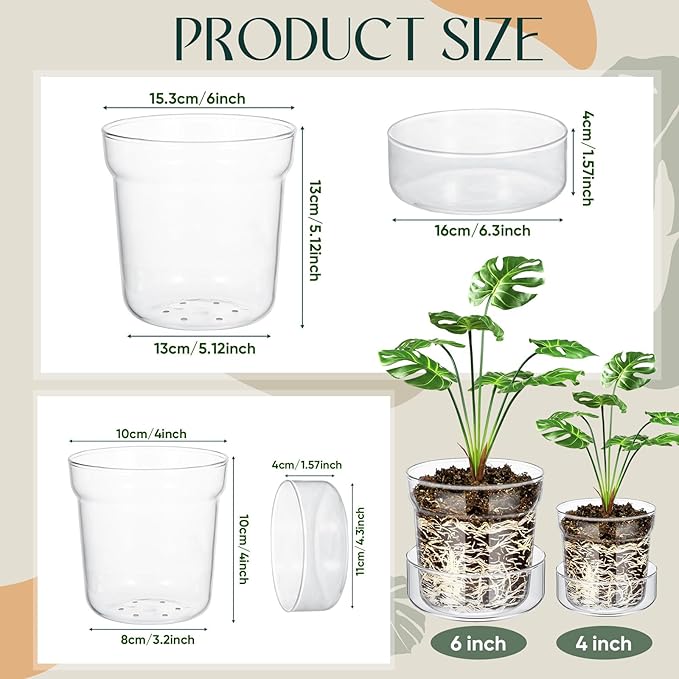 Baderke 4 Inch and 6 Inch Glass Plant Pots with Saucer, Flower Nursery Plant Pots with Drainage for Flower Seed Starter Transparent Seedling (2 Sets)