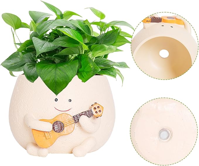 Planter Pot with Drainage Hole Cute Resin Head Planters for String of Pearls Plant Live Unique Guitar Succulent Pots for Indoor Outdoor Plants Gift IdeaI for Christmas (Large)