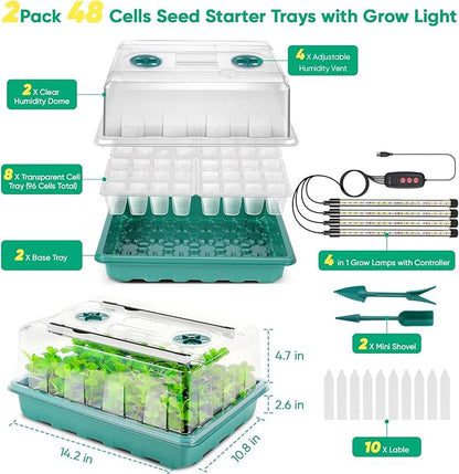 Seed Starter Tray with Grow Light, Seed Starter Kit with Adjustable Humidity Dome, Seed Starting Trays Plant Starter Kit for Seeds Growing Starting, Indoor Gardening, Greenhouse (With grow light, 2)
