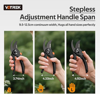 VOTREK® Pruning Shears for Gardening, [Patented Stepless Handle Opening] - Plant Scissors with Ultra-Sharp SK5 Steel for Weak Hand, Universal Fit for All Hand Sizes, Effortlessly Cuts 1-Inch Branches