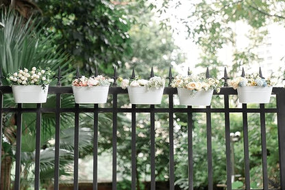 Dahey 10.5 Inch Metal Iron Hanging Flower Pots for Railing Fence Hanging Bucket Pots Countryside Style Window Flower Plant Holder with Detachable Hooks Home Decor,White,5 Pcs