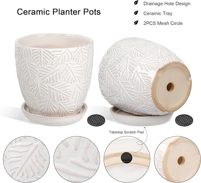 EFISPSS Ceramic Plant Pots, 6 Inch Ceramic Planter Pot with Drainage Hole and Saucer, Indoor Modern Flower Pots, Set of 2 - White