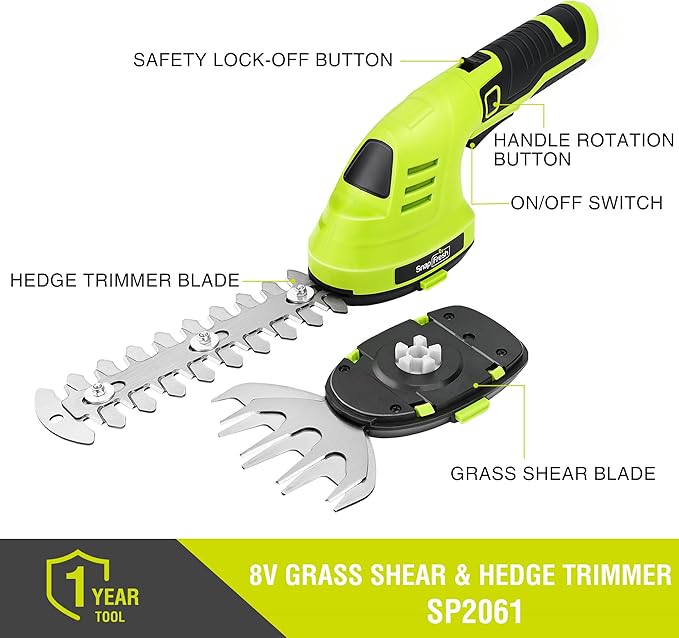 SnapFresh Hedge Trimmer Cordless Grass Shear, 2 in 1 8V Electric Grass Clipper and Hedge Shears with Rotating Head, Handheld Bush Trimmer/Grass Cutter/Shrub Trimming with Battery for Garden & Lawn