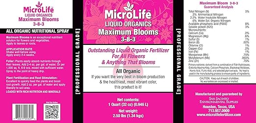 MicroLife Maximum Blooms (3-8-3) Professional Grade Organic Liquid Fertilizer Concentrate for All Flowers and Anything That Blooms, 1 Quart