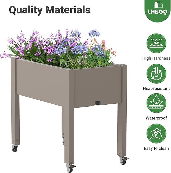 Raised Garden Bed with Wheels - Outdoor Mobile Elevated Resin Planter Box with Drainage Holes for Vegetables Flower Herbs (1 Pack, Gray)