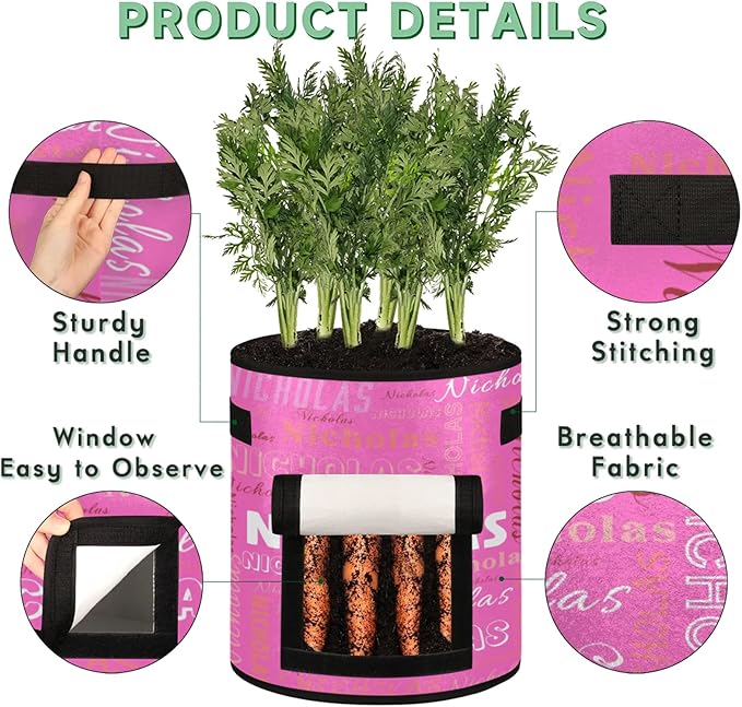Custom Name Grow Bags 10 Gallon Personalized Breathable Potato Growing Bag with Flap Harvest Window and Handles Garden Planting Bag for Tomato Vegetable Fruits 2 Pack Neon Pink