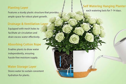 Hanging Planters, 3-Pack 10 Inch Self-Watering Pots with Drainage Holes and Chains, Matte Plastic Planters for Indoor/Outdoor Plant（White Brown）