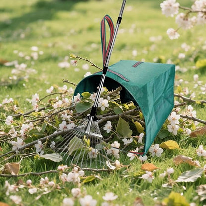 Leaf Rake for Lawns with 53 Gallon Dustpan-Type Leaf Bags,Heavy Duty Metal Garden Yard Rake Long Handle with Expandable Head 7-14" for Gardening Outdoor Camping Shrub Grass Bush Weed