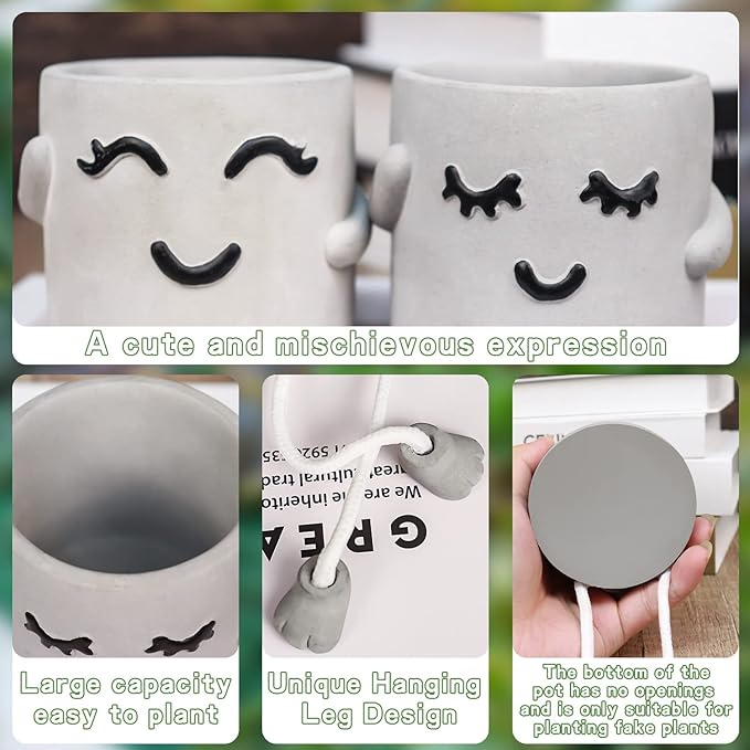 Uguisu Long Leg Planter, Cute Leg Hanging Smiley Planter, Small Plant Pot, Succulent Planters, Cement Pot, Decor Indoor Planters, Mini Succulent Pot (Gray/2pcs-No Drainage Hole-No Plant)
