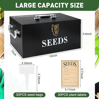 Coolrunner Wood Seed Saving Box, Seed Storage Organizer Case, Seed Packet Storage Organizer with Lock and 3 Handles, 30P Plant Labels, 30P Seeding Envelopes Bag (Black)
