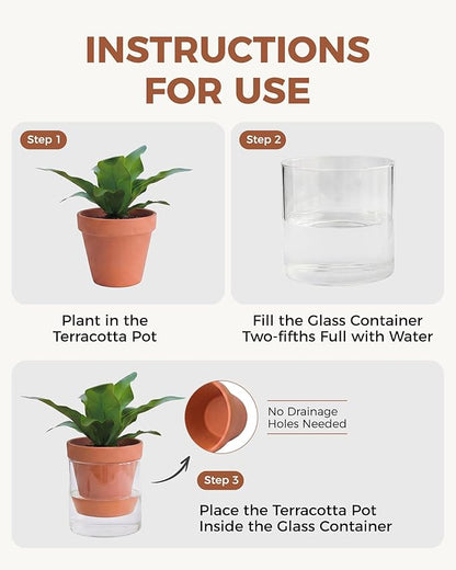 Bamworld Self Watering Pots for Indoor Plants Terracotta Pots Terracotta Planter with Cylinder Glass Cup Clay Flower Pots Ceramic Orchid Pots Modern Office Home Decor 4 Inch