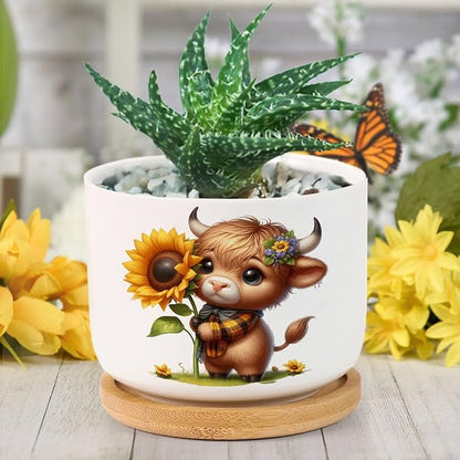 DreamAutumn Easter Highland Cow Planter Ceramic Round Plant Pots with Drainage Holes and Bamboo Tray Planting Small Flower Pots for Home Windowsill Desk Garden Indoor Outdoor Use
