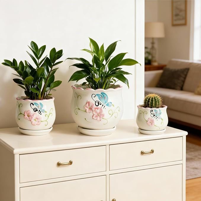 Vintage Flower Pots for Indoor Plant, Round Ceramic Plant Pots with Drainage Holes and Saucers, 6.7/5.2/3.9 Inches Retro Flower Planters Set of 3 (Vintage Butterfly)