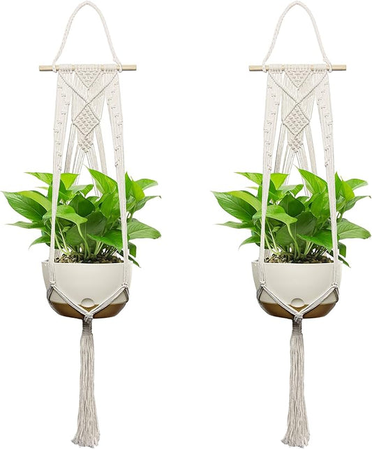 USLAI Macrame Plant Hanger Indoor Outdoor, Fits 4 to 12 Inch Pots, Hanging Planter Holder with Dowel Rod and Tassels, Boho Home Decor, 47+47 Inch, Ivory (POTS NOT Included)