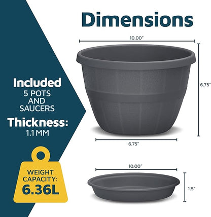 10-Inch Whiskey Barrel Planters Outdoor Pack of 5 - Durable Plastic Plant Pots for Indoor & Outdoor Use with Drainage & Saucer, Lightweight Rustic Barrel Planters for Flowers, Herbs & Small Plants
