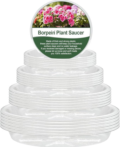 BORPEIN Plant Saucer (6,8,10,12inch, 24 Pack) Clear Plastic Plant Trays for Pots Indoors Outdoors, Thicker Flower Pot Saucers, Plant Plate to Catch Water