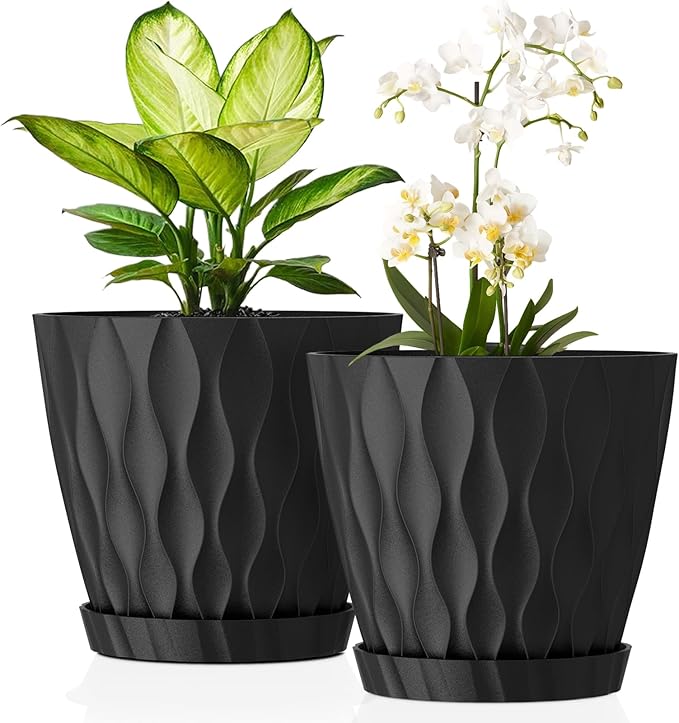 8 Inch Plant Pots, 2 Pack Plastic Planters for Indoor Outdoor with Drainage Holes & Saucers, Waffle Texture Flower Pots for Indoor Plants, Indoor Plant Pots for Monstera, Fiddle Leaf Fig, Black