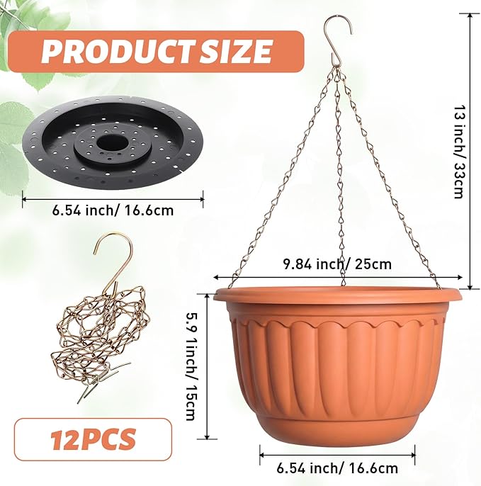 12 Sets Hanging Planters for Indoor and Outdoor Plants Terracotta Self Watering Hanging Basket Flower Pots Plastic Plant Pots with Drainage Hole and Absorbing Tray (10 Inch)