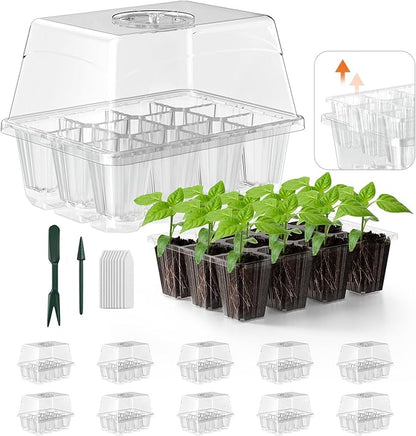 Seed Starter Tray, 10PCS Seed Starter Kit, Seedling Starter Trays with Heightened Lids for Seed Staring, Indoor Plant Germination Trays (12 Cells per Tray) Transparent