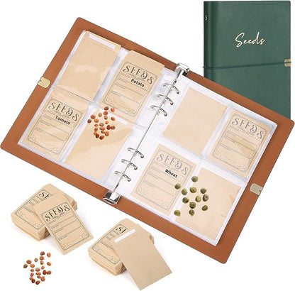 Mkway Garden Seed Storage Organizer Binder - 150 Resealable Seed Envelopes Brown Shell with 40 Sheet Protectors for Efficient Seed Packet Organization - Green