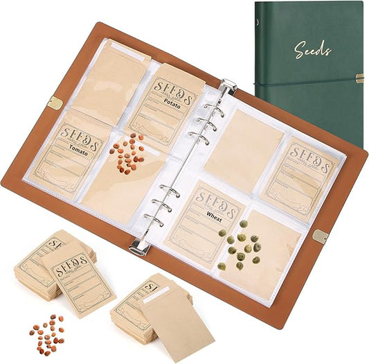 Mkway Garden Seed Storage Organizer Binder - 150 Resealable Seed Envelopes Brown Shell with 40 Sheet Protectors for Efficient Seed Packet Organization - Green