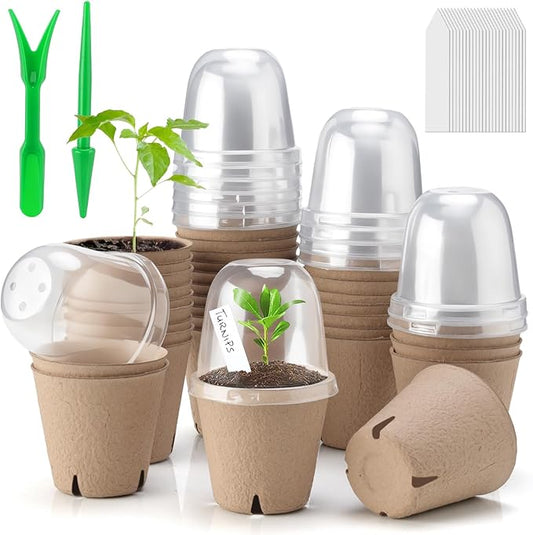 36 Set 3.15 Inch Peat Pots Plant Starters for Seedling with Humidity Dome,Herb Seed Starter Pots Kits, Garden Germination Nursery Pot wit 36 Plant Labels, 2 Transplant Tools.