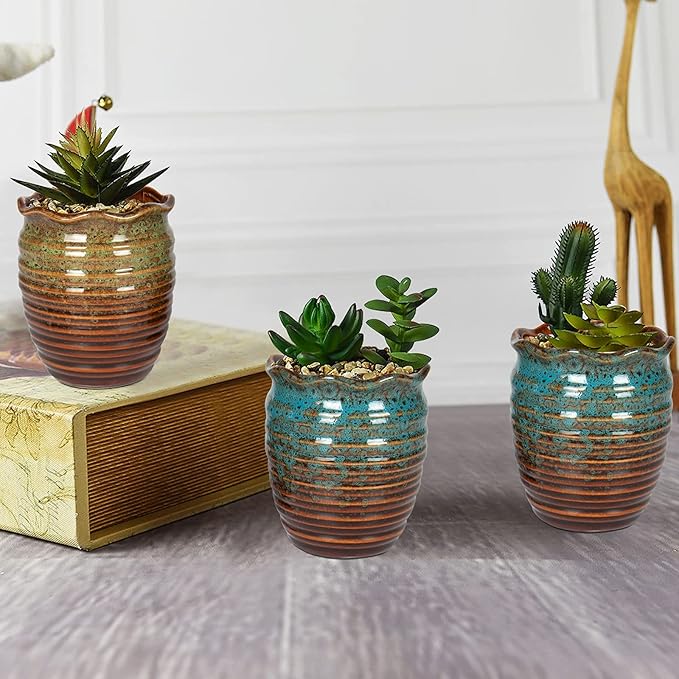 2 Pack Ceramic Plant Pots - Flower Pots with Drainage Hole Classical Old Pile Pots for Outdoor/Indoor Plants, Flowers, Succulents, Cactus (4.5 Inch)