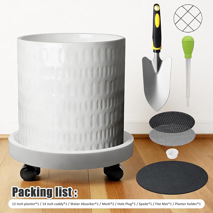 12 Inch Plant Pot with Caddy,Ceramic Planter with Drainage,Large Planters for Indoor Plants,Indoor&Outdoor Plant pots,Ceramic Flower pots,Cylinder Flower Planter Pot(Pure White)