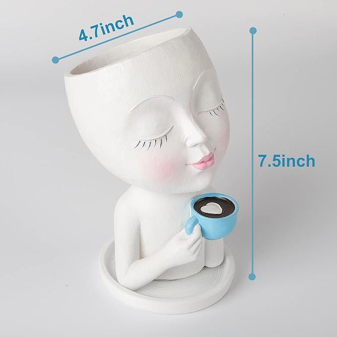 Face Planter Pot - Lady Face Flower Pot for Indoor & Outdoor Plants - Resin Succulent Planter with Drainage Hole, White