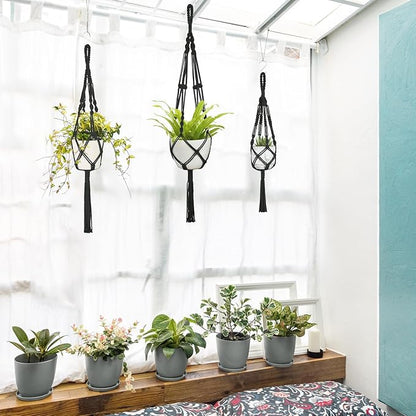 Mkono 3 Pack Macrame Plant Hangers, Different Sizes Hanging Planters Indoor Basket Decorative Flower Pots Holder Stand Boho Home Decor, Black