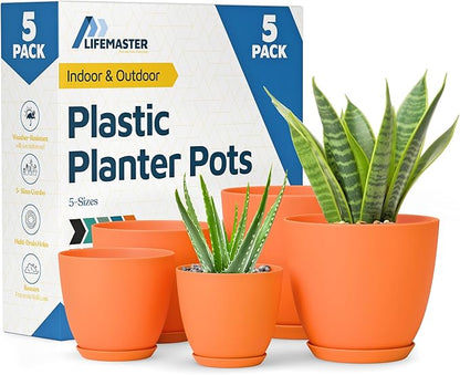 Yellow Plant Pots with Drainage Holes & Saucers 5 Pack, Indoor & Outdoor Stackable Space-Saving Planters for Houseplants & Flowers, (7", 6.7", 6", 5.3", and 4.8" Inches), Durable & Weatherproof